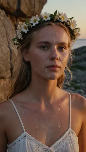portrait of a young woman, swedish, flatchested, wearing a summerdress, flower wreath in hair, during white night, midsommar, (cum on face, thick white cum:1.2), on a rocky skerry. woman, cum, on, face, <lora:JustCum:1.1>