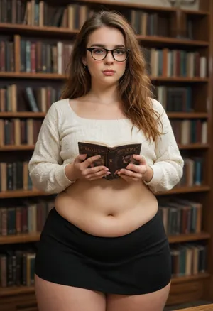 (Super fat ssbbw teen:1.2), big fat ass, obese, extremely wide hips. small boobs, (shy, nervous facial expression:1.3), (flatchested:1.4), heavy bottom, Long hairstyle. Long red hair, in knitted beige cardigan dark skirt glasses, white blouse and black skirt. Holding a stack of books, in public university library. Seductive posing, (thick thights and calves:1.3), (flat fit belly), 1.2, flat, chested, <lora:style_lora_realis:.8>, <lora:flat_chested_v3.5:1.1>, bottomheavy, big, ass, huge, gigantic, thick, thighs, massive, <lora:bottomheavy_v1_sdxl_tags:.8>