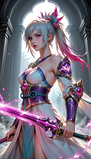 High Quality, Spirit Blossom Riven from League of Legends, side view, perfect eyes, cowgirl, Silver Hair, High Ponytail, glowing purple eyes, slender body, Medium breasts, determined expression, battle pose, Night Time, purple Susanoo Spirit Armor, ultra detail, Wielding Giant Buster Sword, Wearing a One-Shoulder flowing robe adorned with a pastel palette, purple Spirit Aura, (((Wielding one Giant Buster Sword:1.5))), (((white One-Shoulder Kimono:1.1))), (((Susanoo Spirit Armor:1.4))), Japan temple background, Orgasm, Riven, League, of, Legends, Giant Buster sword, glowing, <lora:Riven_Sword-000009:.8>, brave, perspective, holding, <lora:brave-perspective:.8>, Wielding, sword, <lora:XL_Weapon_Sword_-_By_HailoKnight_2:.8>