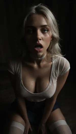 (score_7_up, score_8_up, score_9, 1girl, solo, masterpiece), (overhead view), view from above, on knees, focus on face, (skindentation:1.1), sultry, seductive, seducing, alluring, intimate, sexual, horny, ((long white hair)), (blue micro skirt), 18yo girl, (athletic skin body), (narrow waist:1.4), ((hip gap)), insatiable, lustful, erotica, irresistible, ziprealism, sideboob white work-shirt, white choker, opened mouth, white stockings, (white wet g-strings), blue eyes, cleavage, cum in mouth, cum on chin, ruined make-up, tears, ample cleavage, (black background, chiaroscuro lighting:1), <lora:sunnyrayyxo_v1_SDXLBase:.4>, <lora:dark:.6>