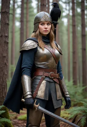 pretty Russian girl-warrior in Russian battle attire, Slavic beauty, Russian armour, (Russian helmet, Jericho cap), after the battle, standing over the corpses of the defeated enemies, a raven sitting on her shoulder, spruce forest in background, (dense spruce forest), in the style of paintings by Konstantin Vasilyev, best proportion, (full-length image:1.3)