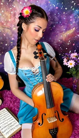 The composer's muse, surrounded by a whirlwind of notes. She creates a symphony that makes hearts beat faster. Her hair is braided into braids adorned with flowers. Fantasy, bright colors, musical instruments, notes, magic, <lora:add-detail-xl:.8>