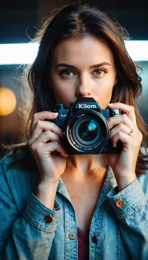A photographer's muse, looking through the camera lens. She sees the world in a special way, she catches moments that elude others. She is wearing modern clothes that emphasize her individuality. Realism, bright light, contrasting colors, camera, lens, detailed