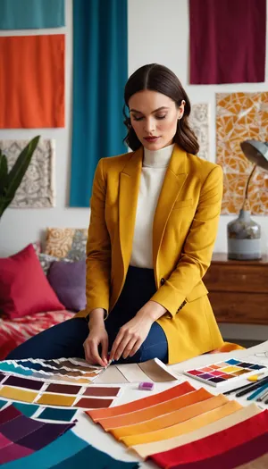 A design muse surrounded by sketches and fabric swatches. She creates beauty that inspires and pleases the eye. She wears stylish clothes that emphasize her taste. Modern, bright colors, geometric shapes, sketches, fabrics