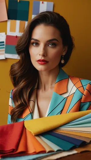 A design muse surrounded by sketches and fabric swatches. She creates beauty that inspires and pleases the eye. She wears stylish clothes that emphasize her taste. Modern, bright colors, geometric shapes, sketches, fabrics
