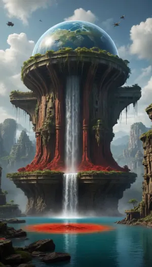 ((((symbols engraving and relief carved on stone, hot red hot lava flows under water and from the shore into the water, lava magma fall, sea ​​monster in the water, Aztec and Mayan temples, Angkor, Ahn'Qiraj, a network of labyrinths and caves, a majestic, grandiose, large-scale view, adventure plot, strange alien flora and fauna, unearthly landscape, sci-fi style, space, alien, in the center the altar with the holy grail glows, the obelisk glows brightly, water, lake, light penetrates the tumult, stripes of light, transparent water in reservoirs, forest, rocks, moss, overgrown green forest, fairytale forest, aqueduct old dilapidated, roots grow through stones, fantasy landscape, spaceship old broken wrecked, post-apocalypse, wheeled transport, future technologies, robotics, night in the sky, evening, starry sky, giant planets in the sky, grotto cave, surface and underwater transport and aircraft, pterodactyl birds in the sky, glass dome of an abandoned greenhouse, a laboratory for experiments, a scientific space base, a radar on the roof, masterpiece picture, movie effect, strong sci-fi effect, water fields and terraces steps waterfall, techno future, the scale of what is happening, dragonfly like flying drone futury, antigravity floating blocks in the air, ancient majestic colossi, extraterrestrial race of inhabitants, Bedouin settlement, pandora style of the movie avatar, science fiction))))