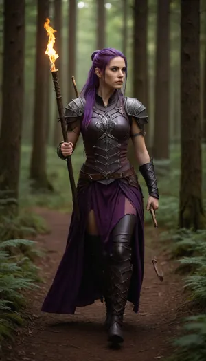 a beautiful druid woman in leather armor, soft features, purple hair with a long ponytail. Armed with a staff, she is walking in a forest