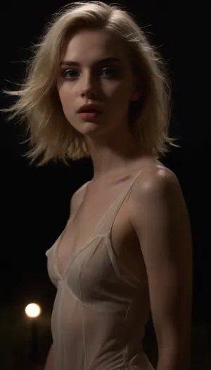 ziprealism, (hyper feminine features, ultra feminine appearance, mischievous Fae pixie girl, pale skin:1.4), (high fashion model, seductive pose:1.4), (provocative high fashion esthetic, medium shot, cowboy shot, sharp focus, focus on eyes:1.8), (ash blonde hair, loose hair, light flowing hair, floating hair, wild hair:1.6), (outdoors, midnight, dark scene, moonlight, magical forest, ethereal lighting, hair glow lighting, chiaroscuro:1.8), (masterpiece, best quality, 8k, RAW photography, award-winning, uncompressed, maximum quality), (professional color grading:1.2), (softly blurred background, soft bokeh), (natural skin texture, realistic skin details, subtle vellus hairs), (maximum clothing detail), (maximum hair detail, natural hair texture), (perfect eyes, maximum eye detail, expressive eyes, visible limbal ring, detailed iris texture, realistic eye texture:1.4), low_key, <lora:zavy-cntrst-sdxl:.8>