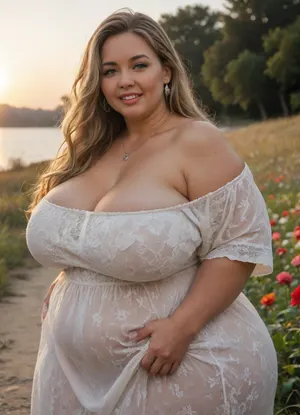 Russian beauty, mature milf, (obsess:2), (oversized bbw:2), (oversized thick thighs), (Oversized wide hips), ((saggy boobs)), (Wide large ass), Long eyelash. Smokey eyes makeup. Long length straight hair, white blonde hair. Big earrings, big necklace, wearing white transparent dress with wide decolette. open mouth, happy. retro 50s style. Lots of details, high quality photo, 8k photo, rich colors photo. flowers landscape, sunrise., (view from side)