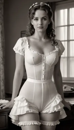 in the style of by Trisha Romance, Photorealistic, blackandwhite, Create 19th century a female maid, sexy housewife, (busty housewife style sexy naughty white underwear:1.3), (((old-fashioned mid-thigh pantaloons with a high waist and ruffles))), wet sweat skin, full body Portrait, (18 years old, Naturally wavy bun Hair, dirty clothes), cleaning, retro, black and white photo, beautiful, natural, realistic, vintage black and white photography, (Scratches on the picture, retro, Sepia)
