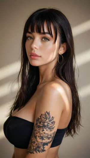 (Brown skin, black hair, fringe hair, long hair:1.5), detailed face, ((wearing black tube crop)), (hard nipples under clothes), side view 60°, (big breasts), (tattoos), (score_9, score_8_up, score_7_up, score_6_up), photorealistic, hdri, portrait, close up, realistic, super real, hyper realistic, ultra realistic, ((perfect eyes)), full view, ((Ultimate realistic photo details)), (((dynamic sexy pose))), (((bright sunlight))), detailxl, raw, lighting, overexposed, harsh, flash, <lora:MJ52:.8>, <lora:attractive_notrigger:.8>, <lora:Rawfully Stylish v0.2_epoch_20:.8>
