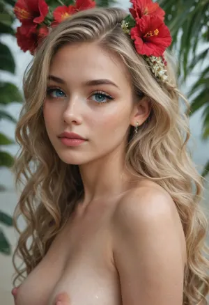 caucasian girl, 20 year old, nude, beautiful face, angular face, (bright blue eyes:1.3), (makeup), (very long eyelashes:1.5), blonde hair, wavy hair, flower in hair, medium breasts, erect nipples, (sweaty:1.5), hawaii, flowers, portrait view