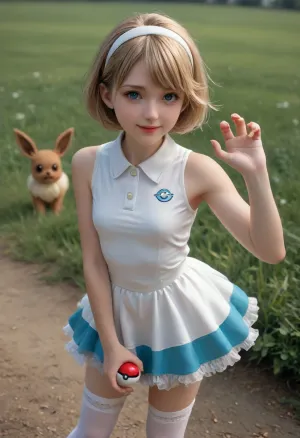 (masterpiece, best quality, high resolution, photorealistic, cinematic lighting), (Pokemon style1:1.3), 1 girl, (Pokemon trainer), age 18, standing and holding a pokeball in her hand, white skin, very cute, happy smiling face, (golden blonde hair), (short hair), (bobcut hairstyle), hairband, skinny, short waisted, petite, (wearing a sleeveless mini dress), (wearing silk stockings up to her knees), tennis shoes, in a green grassy field, flowers, leafy bushes, ((an Eevee Pokemon is in the grass in a battle pose)), <lora:Imagine_Eevee:.8>