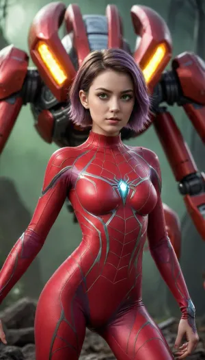 18 yo girl whith short hair and a red bodysuit she is in front of, (A giant red robot-spider with angular futuristic design and white details, featuring geometric diamond-shaped glowing shoulders, armored massive legs, and a robust torso housing a, (giant radiant yellow energy core at its chest), (his head is a huge sharp diamond shape whit big sharp eyes), his back has big spider legs, stands in a dynamic combat pose with extended claws within a dark environment bathed in red mist and a spider webs, (everything in the ground its covered by spider webs), . Metallic reflections illuminate its purple armor and glowing green eyes, creating a dramatic contrast between intricate biomechanical details and a hyper-realistic 3D sci-fi styled abstract background.)