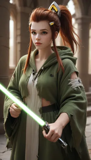 (((((brigitte from Overwatch))))), solo, (green lightsaber:2), (torn star wars jedi wanderer's robe wide open head covered with a hood), jedi temple, score_9_up, score_8_up, score_7_up
