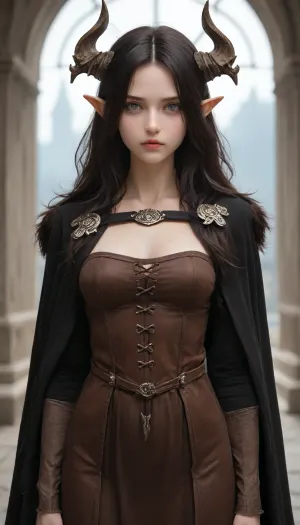 A dark elf girl, 26 years old, with shoulder-length black hair and two horns protruding from her forehead. Silver eyes. Her gaze is cold and determined. She is dressed in a light dark leather cape with a missing right sleeve, which shows that the girl is missing her right arm, which is replaced by a high-quality prosthesis made of black metal and elements of magic in the style of dark fantasy. Concept art. Arcane style., <lora:[XL]The_moonlight_over_the_lotus_pond:.8>