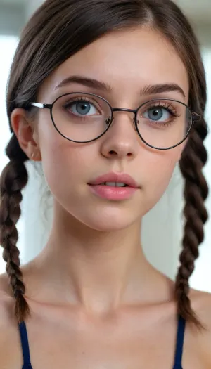 nude, full Body, (((round thin-rimmed glasses))), young face, Super realistic, perfect lighting, (best shadow), 8K, UHD, clear image, (best lighting), highest quality, ultra-detailed images, fine details, high resolution, 8k, (skinny waist), (skinny), Euro-American, (18 years old), bright blue eyes, dark brown hair, pigtails, very detailed face, blush, white skin, tt_flat