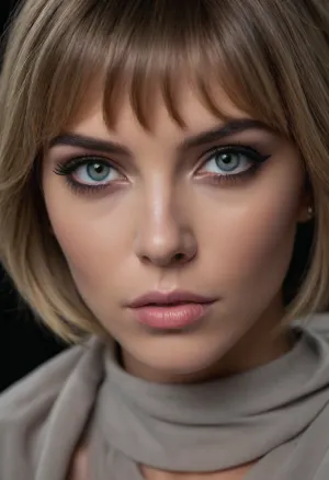 ziprealism, (masterpiece, best quality, award-winning:1.1), (avant-garde makeup advertisement, commercial poster:1.4), (dominant woman, strong features:1.5), (sense of intimacy:1.4), (breathtaking woman's face, sharp focus, focus on eyes, professional headshot:1.5), (seductive expression:1.3), (intricate eye details:1.6), (pale grey eyes, captivating eyes, perfect eyes:1.6), (long thick eyelashes:1.5), (perfectly applied eyeliner:1.4), (voluminous short cut hair, ash blonde hair with dark highlights, stylish textured hair cut, loose strands of hair, curtain bangs:1.4), (shallow depth of field:1.6), (softly blurred background:1.3), professional color grading, (natural skin texture:1.6), (realistic skin details:1.5), subtle skin imperfections, (intricately detailed hair:1.5), (expressive detailed eyes:1.6), (limbal rings:1.5), (detailed iris texture:1.5), (natural hair texture:1.4), (realistic eye texture:1.5), subtle vellus hairs