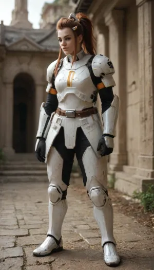(((((brigitte from Overwatch wearing a star wars stormtrooper armor))))), ((((solo)))), temple, full body, score_9_up, score_8_up, score_7_up
