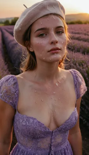 portrait of a young woman, French, perky breasts, beret, dress, during sunset, in a lavender field., (cum on face, thick white cum:1.2), ., woman, cum, on, face, <lora:JustCum:1.2>