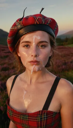 portrait of a young woman, Scottish, perky breasts, tartan beret, tartan dress, during sunrise, in a heather meadow in the Scottsih highlands., (cum on face, thick white cum:1.2), ., woman, cum, on, face, <lora:JustCum:1.2>