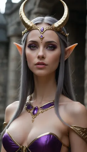 1 extremely sexy elf woman queen, golden elven crown with 2 horns, nose chain, wide angle, side view, pale skin, large full beautiful lips, extremely small cute face, hair covering one eye, black hair, perfect long flat hair, extremely straight hair, gold trimmed elegant black armor with purple accents, partially nude, very long thick eyelashes, light white eyes, extremely cute petite body, cute small breasts, tint erect nipples, tiny areolas, small waist, cute bubble butt, extremely thin muscular thighs, extremely perfect big eyes, perfect face, 8k, elegant grey elven castle at