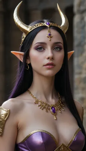 1 extremely cute elf girl queen, golden elven crown with 2 horns, nose chain, ((wide angle), l, side view, pale skin, large full beautiful lips, extremely small cute face, hair covering one eye, black hair, perfect long flat hair, extremely straight hair, gold trimmed elegant black armor with purple accents, partially nude, very long thick eyelashes, light white eyes, extremely cute petite body, cute small breasts, tint erect nipples, tiny areolas, small waist, cute bubble butt, extremely thin muscular thighs, extremely perfect big eyes, perfect face, 8k, elegant grey elven castle at)