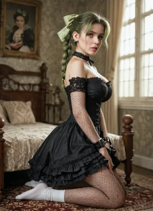 Full Body View, photo taken in Victorian bedroom, kneeling, ankle cuffs, slave cuffs, fishnet light green Victorian dress, Victorian female hairstyle, submissive, tears, perfect lighting, best shadows, 8K, UHD, clear image, best lighting, Best quality, Ultra Detail, Fine Detail, High Definition, 8k Wallpaper, Masterpiece, natural big Breasts, 25yo brunette, 2 small braids, green hair bows, very detailed face, beautiful, full lips, fishnet Victorian dress with a collar, white socks. Slim, narrow waist, wide hips, butt, more, brown, eyes, hair, folded, ponytail, ((fishnet dress)), white, blouse, pencil, skirt, black, pantyhose, neckline