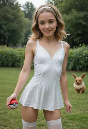 (masterpiece, best quality, high resolution, photorealistic, cinematic lighting), (Pokemon style1:1.3), 1 girl, (Pokemon trainer), age 18, standing and holding a pokeball in her hand, white skin, very cute, happy smiling face, (golden blonde hair), (medium length hair), (straight hair), hairband, skinny, short waisted, petite, (flat chest:1.5), (wearing a sleeveless mini dress), (wearing silk stockings up to her knees), tennis shoes, in a green grassy field, flowers, leafy bushes, an Eevee Pokemon is in the grass in a battle pose, flat, chested, <lora:Imagine_Eevee:.8>, <lora:flat_chested_v3.5:.8>