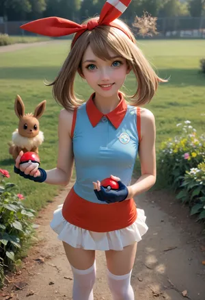 (masterpiece, best quality, high resolution, photorealistic, cinematic lighting), (Pokemon style1:1.3), 1 girl, (Pokemon trainer), age 18, standing and holding a pokeball in her hand, white skin, very cute, happy smiling face, (golden blonde hair), (short hair), (bobcut hairstyle), hairband, skinny, short waisted, petite, (wearing a sleeveless mini dress), (wearing silk stockings up to her knees), tennis shoes, in a green grassy field, flowers, leafy bushes, ((an Eevee Pokemon is in the grass in a battle pose)), 1girl, May, (/pokemon), /, (ultra, HD, quality, details), brown, hair, blue, eyes, long, twintails, between, bike, shorts, collared, shirt, gloves, microskirt, multicolored, pencil, skirt, red, short, sleeves, white, bandana, <lora:Imagine_Eevee:.8>, <lora:May_-Pokemon_sdxl_NSFW:.8>