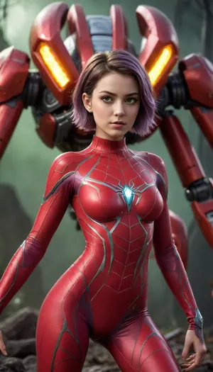 18 yo girl whith short hair and a red bodysuit she is in front of, (A giant red robot-spider with angular futuristic design and white details, featuring geometric diamond-shaped glowing shoulders, armored massive legs, and a robust torso housing a, (giant radiant yellow energy core at its chest), (his head is a huge sharp diamond shape whit big sharp eyes), his back has big spider legs, stands in a dynamic combat pose with extended claws within a dark environment bathed in red mist and a spider webs, (everything in the ground its covered by spider webs), . Metallic reflections illuminate its purple armor and glowing green eyes, creating a dramatic contrast between intricate biomechanical details and a hyper-realistic 3D sci-fi styled abstract background.)
