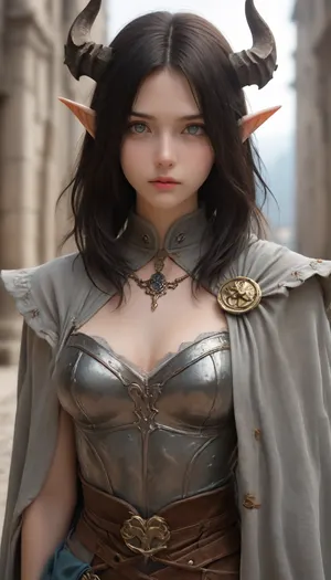 A dark elf girl, (gray skin), 26 years old, with shoulder-length black hair and two horns protruding from her forehead. Silver eyes. Her gaze is cold and determined. She is dressed in a light dark leather cape with a missing right sleeve, which shows that the girl is missing her right arm, which is replaced by a high-quality prosthesis made of black metal and elements of magic in the style of dark fantasy. Concept art. Arcane style., <lora:[XL]The_moonlight_over_the_lotus_pond:.8>, NightElf, in, armor, diadem, horns, <lora:NightElfXL01-000005:.8>