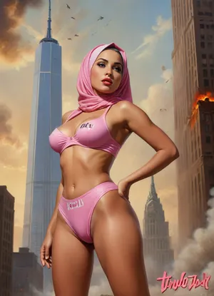 (TITLE TEXT "Unholy War":1.5), (movie poster:1.2), (huge letters, movie title text:1.2), (Muslim woman, brown skin:1.3), (Arab woman:1.1), (brown skin:1.3), (religious hijab:1.3), wet sweaty body, big text on poster, sweaty body, ((string bikini bottom)), sideview, (((tight uniform 50's))), (((pin up 1940's))), (explosion on World Trade Center:1.1), (September 11 attacks photo in background), (explosion on skyscraper:1.3), (hijab:1.2), (((Movie poster 1950's))), (9/11 September twin tower attack:1.2), (airplanes crashing in skyscraper:1.1), (she is wearing a pink hijab), Photography, photorealism, tall, beautiful perfect figure, Knee-high boots, perfect tall legs, charming eyes, sad yet gracious face, dark background, fantasy art capturing the style of Aaron Horkey, Jeremy Mann and Luis Royo, body-focused composition from a low angle, alluring figure, dark fantasy, dynamic composition, warm hues, showcases acrylic calligraphy, watercolor techniques integrated seamlessly into a maximalist masterpiece, detailed with gouache fluidity, golden hour light, hyperrealism, hypperrealistic, hyperdetailed, 64k, ultraHDR, Movie, Poster, page, panties, pulled, to, side, pussy, shaved, <lora:Movie Poster:.5>, <lora:Pussy_pants_nohands_D03_realvizXL2_bucket_01-000010:.5>, logo, text, sign, that, says, the, word, <lora:texta:.8>