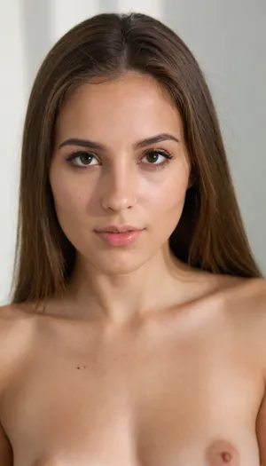 young woman with an oval face, smooth and clear light to slightly tanned skin, large almond-shaped eyes with a slightly, dark well-defined eyebrows slightly arched, narrow and proportionate nose, full natural lips gently pressed together, straight medium-brown hair parted in the middle, soft natural makeup, subtle facial highlights and shadows, realistic lighting, ultra-detailed skin texture, photorealistic style, 8K resolution
