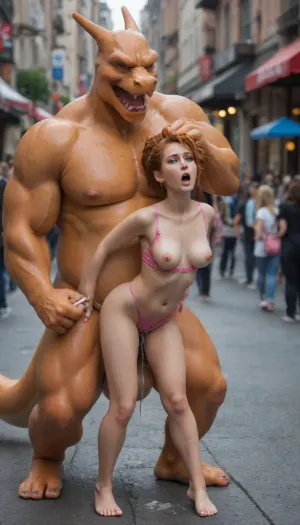 misty from pokemon with spiky ginger hair in a ponytail, misty wearing pink swimsuit, ripped cloths, wet sweaty body, body dripping wet, charizard fucking misty with a colossal sized cock, charizard grabbing her hair tightly, misty being fucked by giant charizard colossal cock, charizard overpowering her roughly, rough vaginal sex, gigantic dick, screaming, cum dripping, shocked, makeup running, in a public street, crowd of people watching in horror, full body view