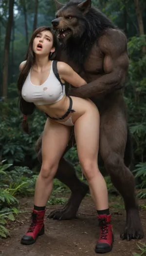 Custom Prompt Tifa lockheart, night, brunette, body, thicc thighs, jungle, ripped clothes, standing, arms held behind back, doggy style, huge cock, ahegao, full body shot, creampie, werewolf, nighttime, side view, pounding