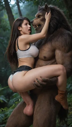 Custom Prompt Tifa lockheart, night, brunette, body, thicc thighs, jungle, ripped clothes, standing, carry sex, huge cock, ahegao, full body shot, creampie, werewolf, nighttime, side view, pounding
