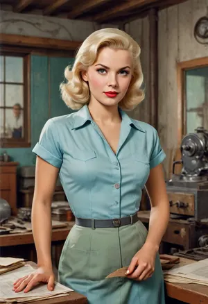 platinum blonde with hard perky breasts in work clothes, the workshop in background. USSR poster style, USSR postcard style, 1950s, USSR epoch, soviet poster art style, Soviet advertising art style, (lithography, high detailed paper texture), (1950s vintage color poster:1.3), 1950s analog photo for soviet magazine, (realistic anatomy, realistic pose), full-length image, period-accurate image