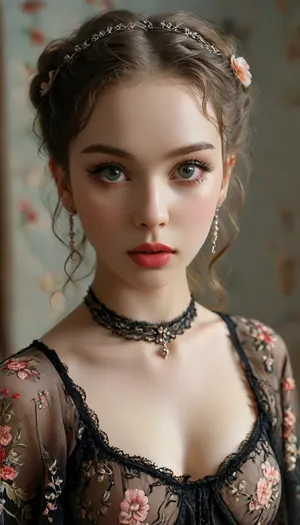Close-up girl, (((eye contact))), (((very young pretty girl))), Padme Amidala, Garterbelt, black, fabric, floral, embroidery, wearing, the, garterbelt, shock, (((moles all over the body))), (ultra realistic:1.3), (maximum quality:1.3), (high resolution:1.3), (extreme detail:1.3), (ultra realism:1.3), (maximum detailed skin:1.3), ((face, chest, navel, hips)), (((long big thick black eyelashes))), ((narrow waist)), ((wide hips)), ((makeup)), lipstick, <lora:MJ52:.8>, <lora:GarterbeltXL:.8>, <lora:Oxygen girl_SDXL1.0:.2>, <lora:karina_sdxl_v10:.3>, <lora:Midjourney Image Enhancer XL v1:1>