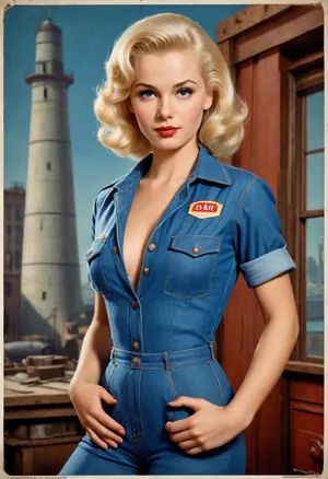 platinum blonde with hard perky breasts in sexy denim work coverall, the workshop in background, USSR poster style, USSR postcard style, 1950s, USSR epoch, soviet poster art style, Soviet advertising art style, (lithography, high detailed paper texture), (1950s vintage color poster:1.3), 1950s analog photo for soviet magazine, (realistic anatomy, realistic pose), full-length image, period-accurate image
