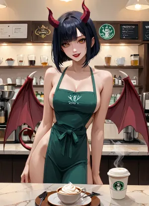 masterpiece, best quality, highly detailed, (anime:1.2), BREAK, (a gorgeous 25 year old white succubus with, demonic wings on back, horns, tail:1.2), (natural b cup breasts, perfect nipples, nipslip), (succubus has long black hair bob haircut:1.2), (orange eyes), slim, athletic, gymnast body, (succubus is naked wearing a green_apron), solo, she has a naughty grin, looking_at_viewer, holding a disposable coffee cup, holding_cup, cafe, cleavage, standing, coffee shop background, <lora:Animated_Concept:1>