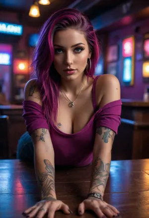 neonpunk style, 25 year old woman, tattoos, piercings, crawling on the table, (crawling towards you), on hands and knees, focus on pretty face, long hair, (loose off the shoulder t shirt), (oversized t shirt), down blouse, seductive, horny expression, dive bar, cyberpunk, vaporwave, neon, vibes, vibrant, stunningly beautiful, crisp, hyper realistic, sleek, magenta highlights, dark purple shadows, <lora:attractive_notrigger:.5>, <lora:dark:.2>