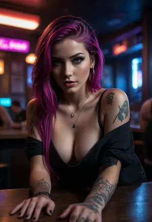 neonpunk style, 25 year old woman, small tits, tattoos, piercings, crawling on the table, (crawling towards you), on hands and knees, focus on pretty face, long hair, (loose off the shoulder t shirt), (oversized t shirt), black shirt, down blouse, seductive, horny expression, restaurant booth, dive bar, nightclub, punk style, cyberpunk, vaporwave, neon, vibes, vibrant, stunningly beautiful, crisp, hyper realistic, sleek, magenta highlights, dark purple shadows, <lora:attractive_notrigger:.5>, <lora:dark:.3>