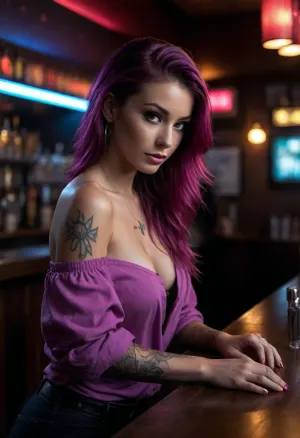 neonpunk style, (25 year old bartender), small tits, tattoos, piercings, standing behind the bar, (leaning forward over the bar), leaning towards you, leaning on the bar, hands on the bar, focus on pretty face, long hair, (loose off the shoulder top), (looking down shirt), downblouse, seductive, horny expression, (head on view), dive bar, punk style, cyberpunk, vaporwave, neon, vibes, vibrant, crisp, hyper realistic, sleek, magenta highlights, dark purple shadows, <lora:attractive_notrigger:.5>, <lora:dark:.3>