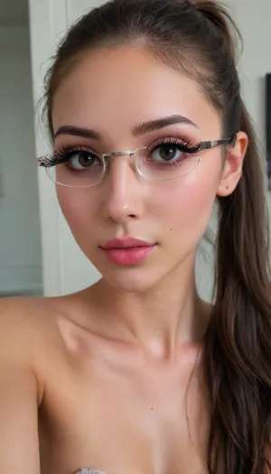 (standing on feet:1.5), (((face chest hips pussy))), (photo taken in class), (((round glasses with thin frames))), (((narrow low face))), (narrow waist:1.4), (full naked nude:1.5), (open out chest:1.6), super realistic, perfect lighting, (best shadow), 8K, UHD, clear image, (best lighting), highest quality, super detailed images, fine details, high definition, 8k, (skinny:1.7), european-american, (((young petite girl))), (((18 years old))), bright blue eyes, dark brown hair, (((long high warrior ponytail))), (((blush))), (very oiled skin:1.9), tt_flat, BJ_Oxygen, krnpp, (makeup:1.5), ((lipstick)), ((((best selfie pose)))), ((((big long thick black eyelashes)))), (((slender Atlantic body))), thighhighs, <lora:reallora1:.1>, <lora:Oxygen girl_SDXL1.0:.1>, <lora:karina_sdxl_v10:.1>, <lora:add-detail-xl:.8>