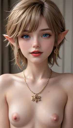 4k, hd, link from zelda man big lips red lips eyeliner blush, smile pouting kiss lips face, photo realism, happy sexy face, short hair, femboy, makeup, big long erect massive nipples, big saggy boobs, nude, open mouth, trap, navel, jewelry, necklace, earrings, 3d, red nails, red lips, stud earrings, tucked penis, QuarterCup, <lora:236276_training_data:.8>