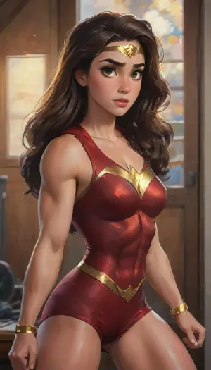 Wonder Woman is Rachel Pizzolato, dressed in wonder woman inspired intricate designer sensual alluring cropped hoodie with track shorts and thigh high wool socks clothes attached to her athletic hourglass body, big, tanga sensual, realistic portrait, captivating facial expression, confident stance, penetrating eyes, radiant skin, effects exquisite details, high resolution jockstrap, studio photograph, dramatic lighting, blurry background, warm tones, bold color palette, kinematic effect, Arte conceptual., sharp focus, depth of field, 8k photo, HDR, professional lighting, taken with Canon EOS R5, 75mm lens, natural beauty, highlydetailedbody, realisticface, highlydetailedhair, insanelydetailed, 8K.highdetailedskin, highresolution, perfectfingers, (j_cartoon:1.5), Drawing, <lora:pizzolato_sdxl:2>, uberfit, muscular, athletic, <lora:uberfit_lora_sdxl:.7>, <lora:samdoesarts1.1-000030:.4>, <lora:J_cartoon:.3>, <lora:Animated_Concept:.4>