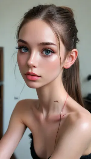 (standing on feet:1.5), (((face chest hips pussy))), (photo taken in class), (((narrow low face))), (narrow waist:1.4), super realistic, perfect lighting, (best shadow), 8K, UHD, clear image, (best lighting), highest quality, super detailed images, fine details, high definition, 8k, (skinny:1.9), european-american, (((young petite girl))), (((18 years old))), ((detaled bright blue eyes)), (brown hair), (((long high warrior ponytail))), (((blush))), (very oiled skin:1.9), tt_flat, BJ_Oxygen, krnpp, (makeup:1.5), (((lipstick))), ((((best selfie pose)))), ((((big long thick black eyelashes)))), (((slender athletic body))), (((side view))), thighhighs, <lora:Oxygen girl_SDXL1.0:.2>, <lora:karina_sdxl_v10:.3>, <lora:add-detail-xl:1>, <lora:Midjourney Image Enhancer XL v1:1>
