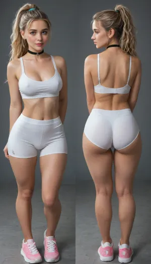 gym background, light blue and pink sneakers, massive butt, horny, face, focus on face, focus on breasts, woman is norwegian, waist, rounded ass, pale skin, blonde hair with silver highlights in long ponytail with bangs, big hips, big natural boobs, thighs, excited eyes, white yoga shorts, lemon colored training bra, bashful expression, blushing cheeks, black choker, front view, rear view, multiple views, big ass, natural breasts