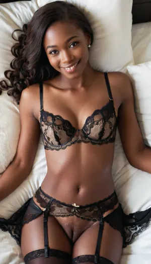 A, (very petite), (dark black skin), wearing a very playfull, ((lace)), lingerie, (bra, panties, stockings), sweet smile, 19 years old, lying on a big bed., (realistic, hd, photography, from above), . woman, ohwx, <lora:PetiteNymphet_SDXL_v1.0:.8>